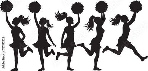 Five black silhouette cheerleaders with pom poms cheerleading