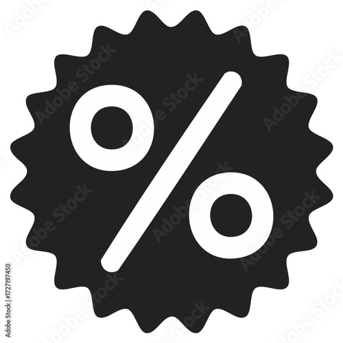 Black and white graphic of a starburst shape with a white percentage symbol inside