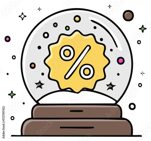 Cartoon snow globe with a yellow percentage sign for holiday sales and shopping discounts illustration