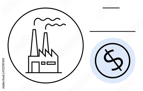 Factory with chimneys emitting smoke in a circle beside a dollar sign. Ideal for industry, economy, environment, sustainability, cost management, carbon taxation, pollution. Simple flat metaphor