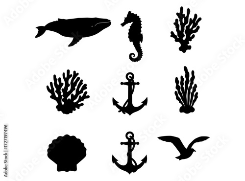 Ocean Depths Silhouetted Marine Life and Nautical Icons in Black and White Composition