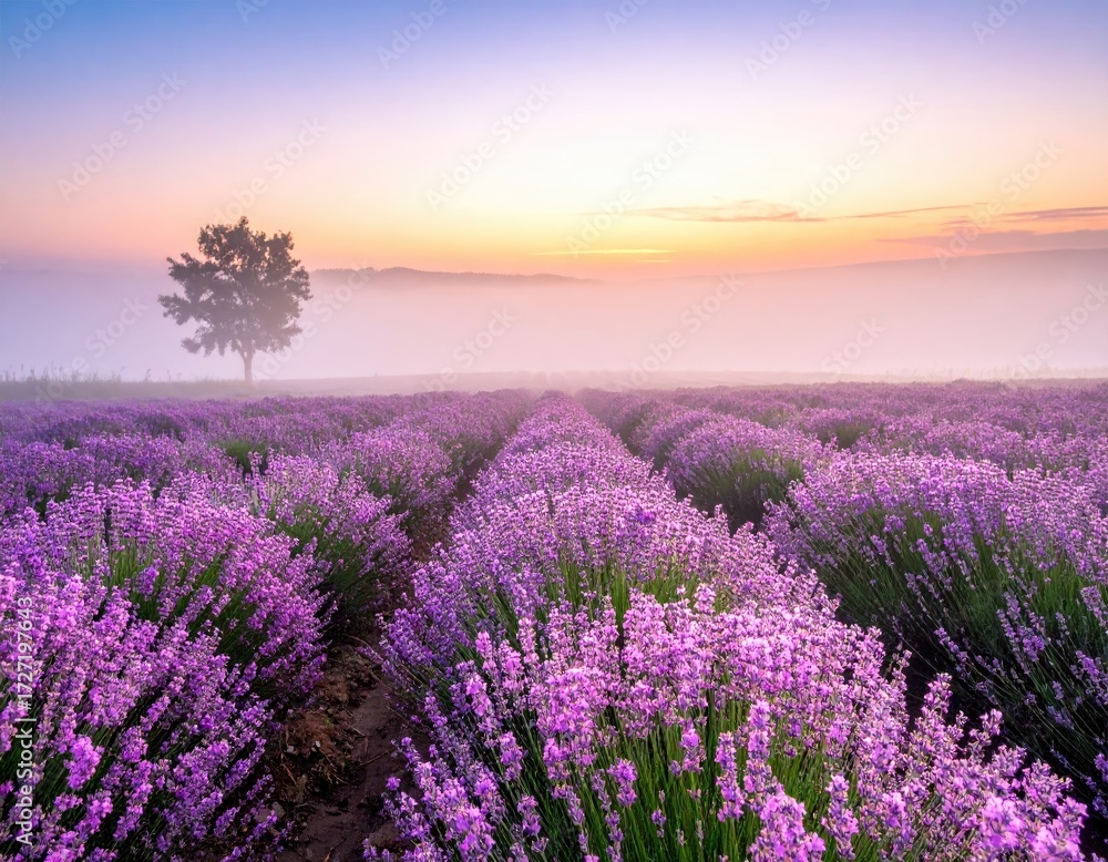 Obraz premium Lavender field at sunrise, misty landscape