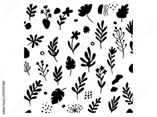 Minimalist hand-drawn botanical pattern with leaves and flowers. Abstract vector floral seamless design