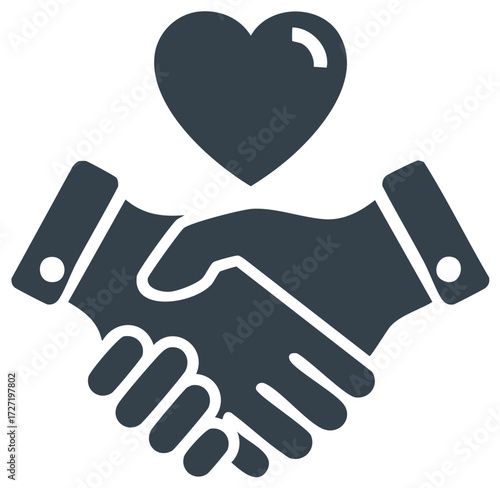 Heart and handshaking icon for concept of love, charity, giving, and agreement