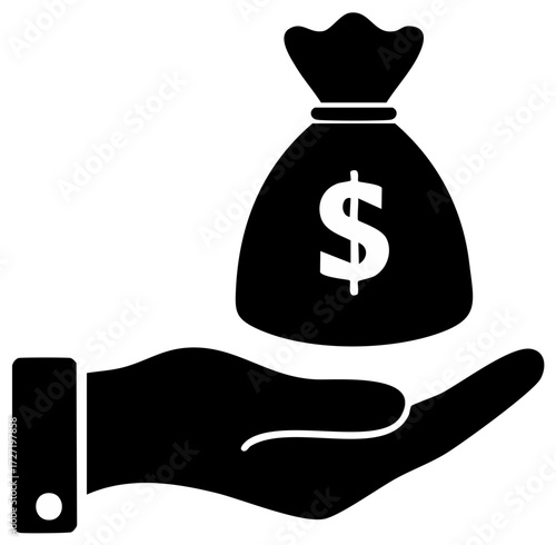 Hand holding money bag with dollar sign, financial concept icon