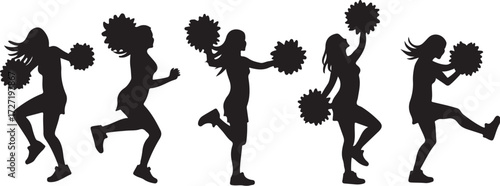 Five black silhouettes of cheerleaders in action poses