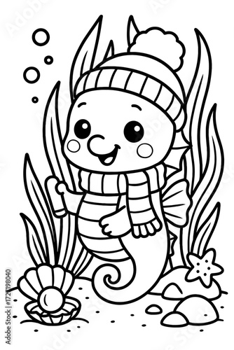 Adorable seahorse wearing winter hat and scarf surrounded by seaweed vector
