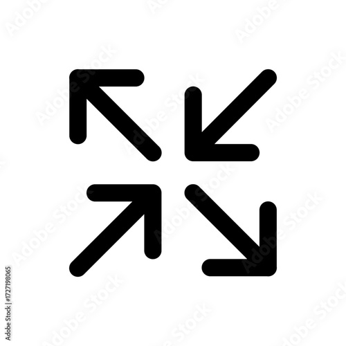 A simple black and white graphic featuring four arrows pointing inward towards a central point design icon