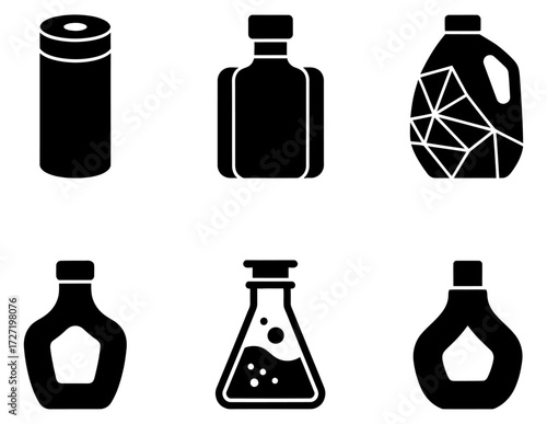 A versatile black icon set of various container silhouettes including bottles, a can, and a science flask