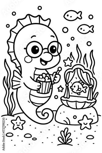 Adorable seahorse with glasses enjoying popcorn at an underwater movie theater