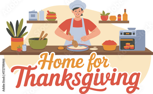 Woman cooking in kitchen with Thanksgiving text chef