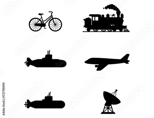 Transportation Silhouettes Bicycle, Train, Submarine, Airplane, and Satellite Dish Icons for Design