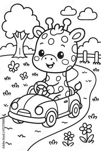 Cartoon giraffe driving a car on a road with trees and flowers vector