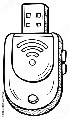 Hand Drawn USB Wi-Fi Adapter Dongle with Wireless Symbol Sketch Illustration