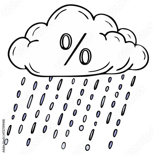 Cloud with Percent Sign and Falling Rain drops showing price discount financial crisis concept