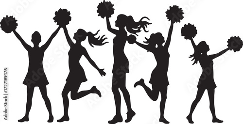 Five black silhouettes of cheerleaders with pom poms