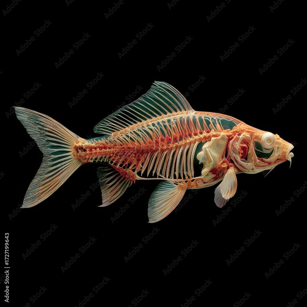 Fototapeta premium Intricate skeletal structure of a fish underwater exhibition science visualization dark background close-up biological study