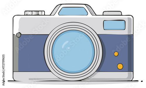 Simple illustration of a vintage style camera with a blue lens and body