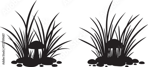 Two black silhouettes of garden lanterns nestled among tall grass and rocks silhouette