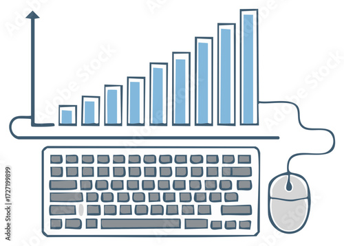 Computer Keyboard with Mouse and Rising Bar Chart Depicts Growth Online Business Success and E Commerce Progress Report