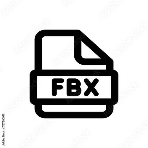 A simple black and white icon of an fbx file format with bold lines on a white background image view