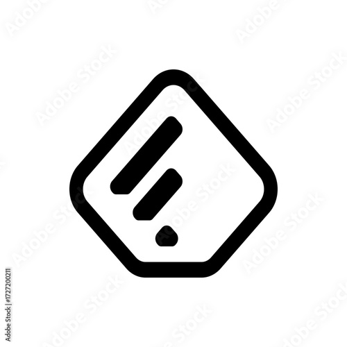 A minimalist black and white logo featuring an abstract f shape inside a rounded diamond design element