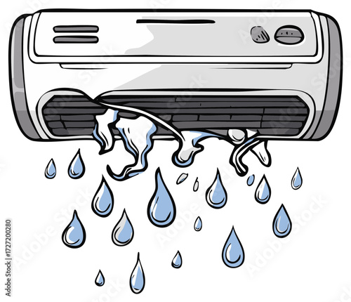 Broken air conditioner unit dripping water cartoon illustration showing malfunction and need for repair