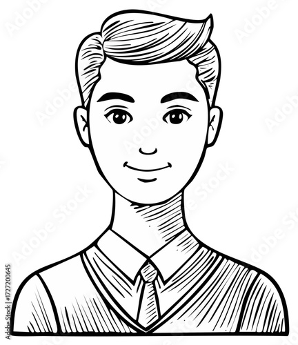 Illustration of a Smiling Man Wearing a Shirt and Tie Black and White Sketch