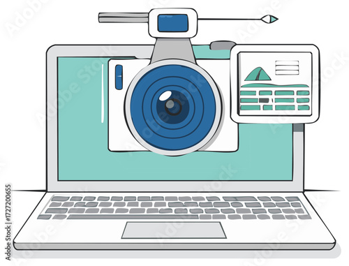 Laptop Displaying Camera and Photo Data Vector Illustration