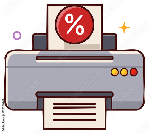 Cartoon printer icon printing a document with a percentage sign for a sale, discount, or financial offer
