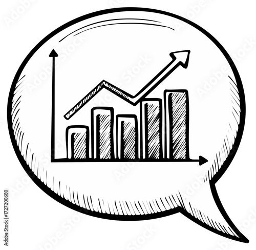 Rising bar graph inside chat bubble pointing upwards trend hand drawn illustration