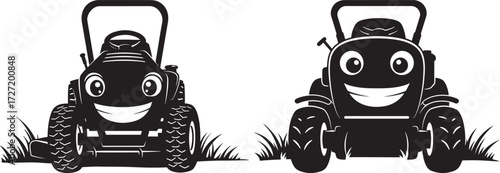 Two happy cartoon lawnmowers with faces in silhouette