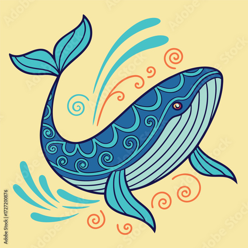 Vector art of whimsical blue whale illustration with swirling water and orange accents on a pale yellow background