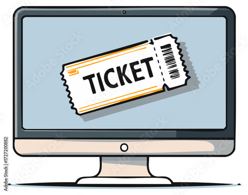 Computer screen displays a digital ticket icon for online event access and booking