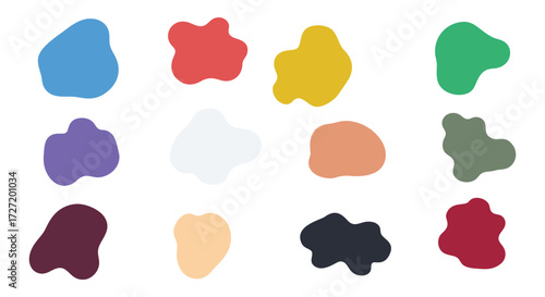A collection of abstract colorful blob shapes in various colors and irregular organic forms isolated on a white background, ideal for graphic design, decoration and modern layouts