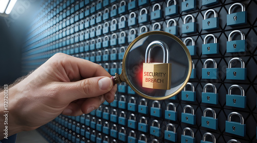 Magnifying Glass Highlighting Unlocked Red Padlock on Cybersecurity Hex Grid
