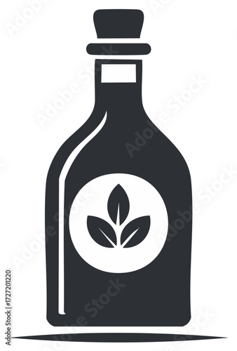 Organic Product Bottle with Cork Stopper and Leaf Symbol Vector Icon