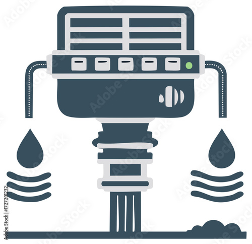 Water purification system illustration with droplets and waves indicating clean filtered liquid flow