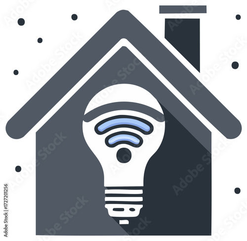 Smart home automation icon showing a house with a WiFi enabled light bulb for connected living.