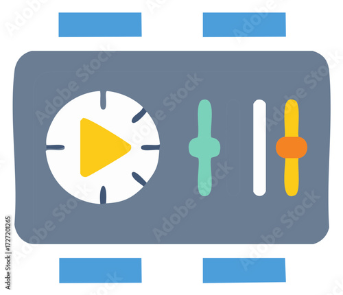 Digital Media Player Interface with Play Symbol, Timer Dial, and Colorful Adjustment Sliders Illustration