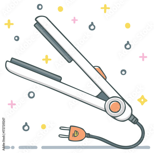 Cartoon hair straightener electric flat iron beauty styling tool illustration with plug