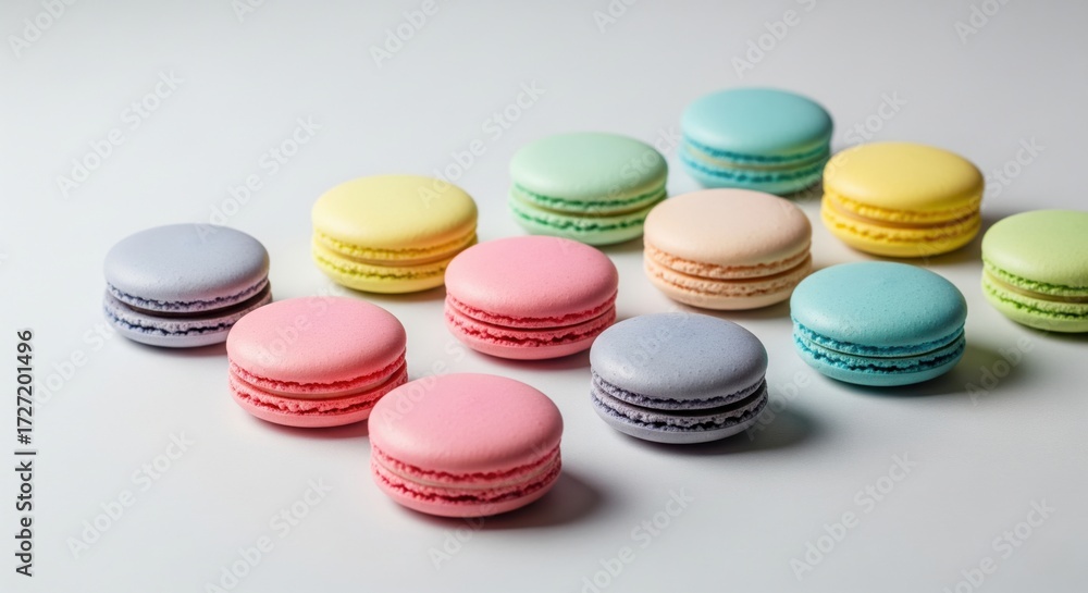 Obraz premium A close-up of a colorful assortment of macarons, representing desserts, sweets, French pastry, treats, and indulgence.