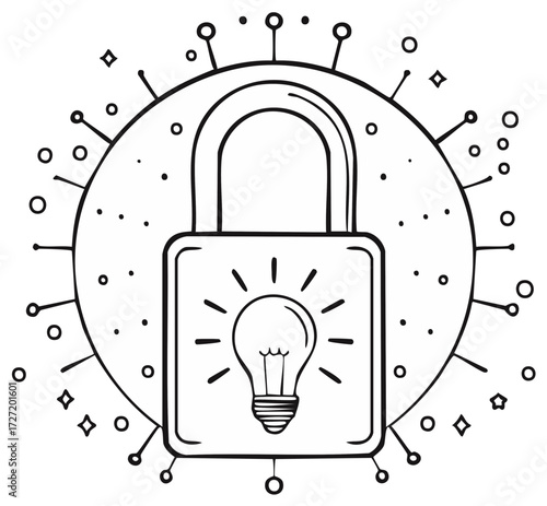Hand drawn icon of a locked idea with a lightbulb in a padlock and a virus cell background