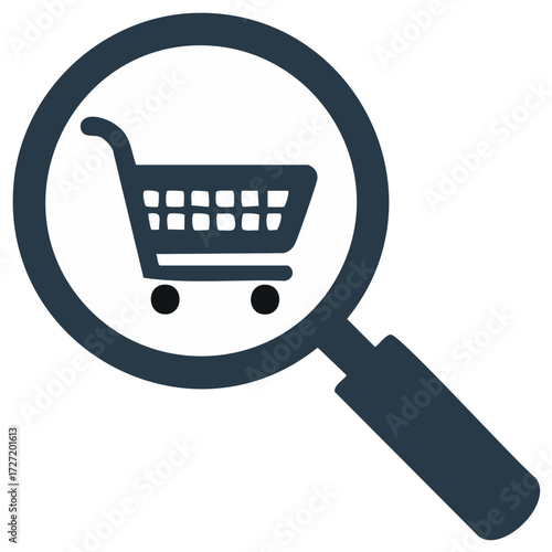 Online Shopping Search Tool Shows Cart with Magnifying Glass for ECommerce Store or Digital Market
