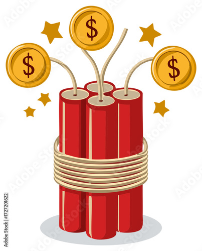 Dynamite sticks with burning fuses and dollar coins representing financial risk or lucrative opportunity