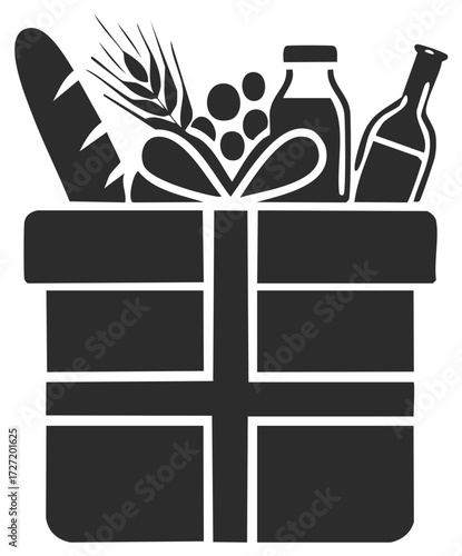 Gift box filled with food products. Vector graphic of groceries for celebration.