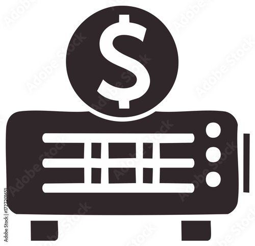 Money generator icon with dollar sign on top of retro projector machine