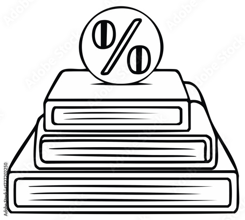 Stack of books topped with a large percentage symbol graphic illustration