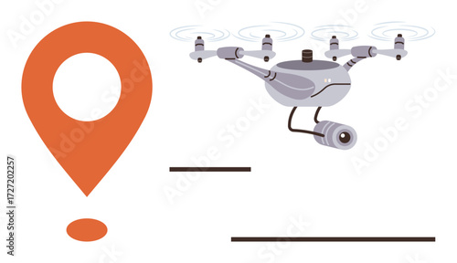 Large GPS marker beside a flying quadcopter equipped with a camera. Ideal for delivery, navigation, technology, mapping, surveillance, futurism, logistics. Simple flat metaphor
