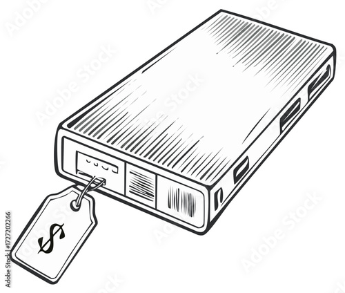 Portable power bank with a dollar price tag attached to its charging port